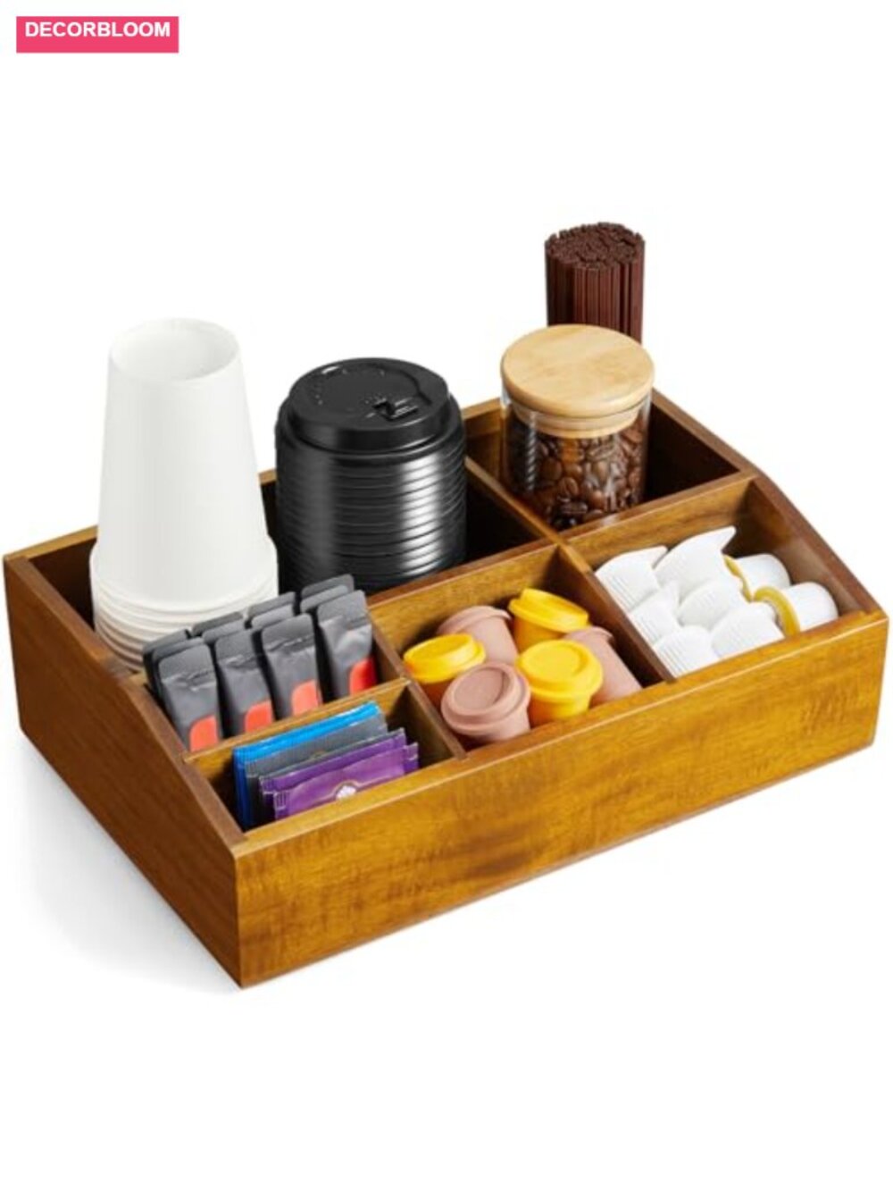 Acacia Wood Coffee Station Organizer with 6 Removable Compartments
